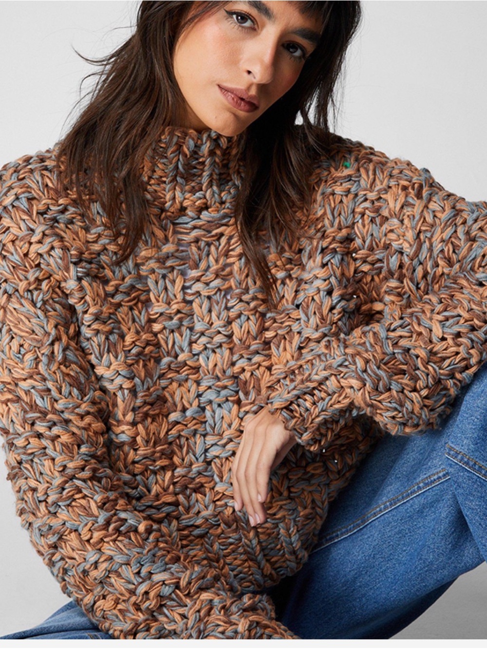 Altar'd State Marled Chunky Turtleneck Sweater in Tan and Gray